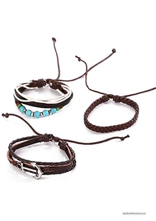 MiniJewelry 3Pcs Hamasa Evil Eye Anchor Braided Leather Bracelets for Men Women Adjustable Wrap Bracelets
