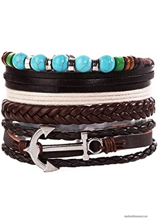 MiniJewelry 3Pcs Hamasa Evil Eye Anchor Braided Leather Bracelets for Men Women Adjustable Wrap Bracelets