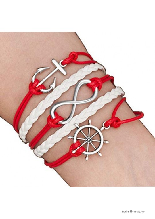 Moonlight Collections Woven Leather Anchor Bracelet Nautical Rope Wrap Multi-Strand Infinity Charms and Bangles