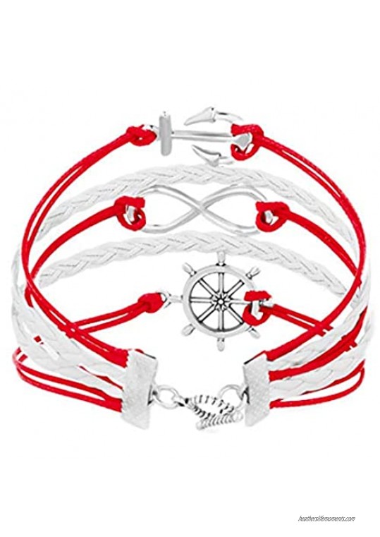 Moonlight Collections Woven Leather Anchor Bracelet Nautical Rope Wrap Multi-Strand Infinity Charms and Bangles