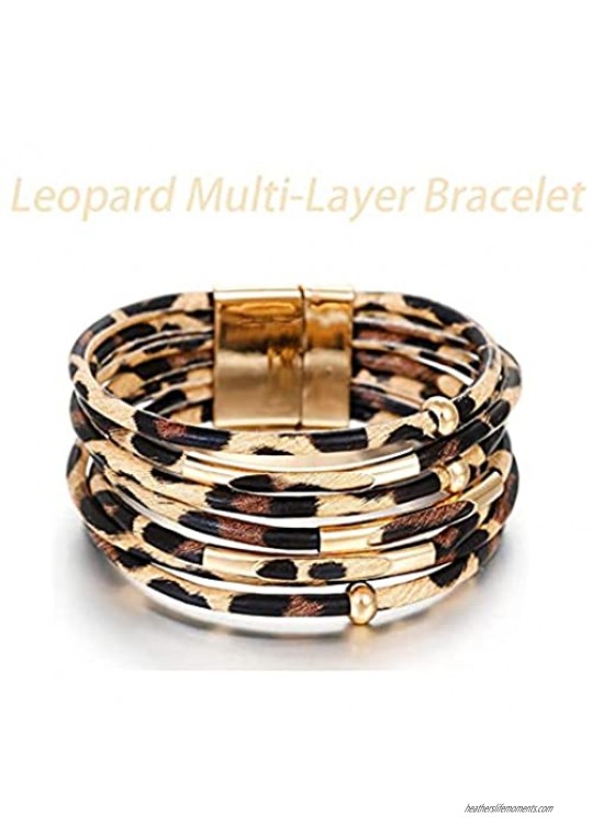 None/Brand Leopard Multi-Layer Leather Wrap Bracelet Handmade Wristband Braided Rope Cuff Bangle with Magnetic Buckle Jewelry for Women and Girls
