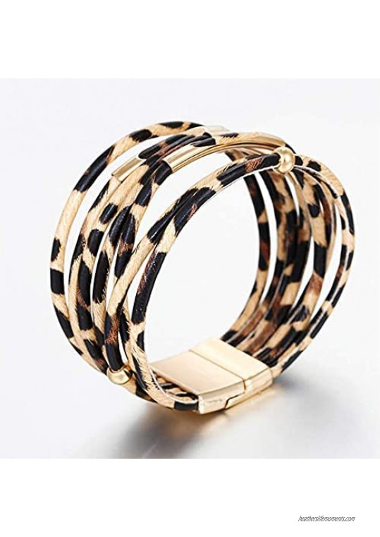 None/Brand Leopard Multi-Layer Leather Wrap Bracelet Handmade Wristband Braided Rope Cuff Bangle with Magnetic Buckle Jewelry for Women and Girls