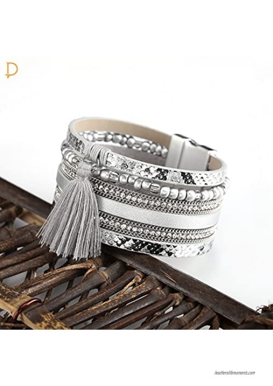 PLTGOOD Boho Leather Wrap Bracelet for Women - Bohemian Jewelry Handmade Multi-Layer Cuff Bracelet Bangle with Magnetic Clasp