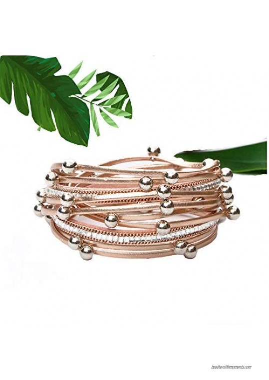 REEBOOOR Champagne Rose Gold Bracelet Women`s Leather Wrap Bracelet Multilayer Bracelets Handmade Jewelry Bohemian Gifts for Girls Lady Mother…