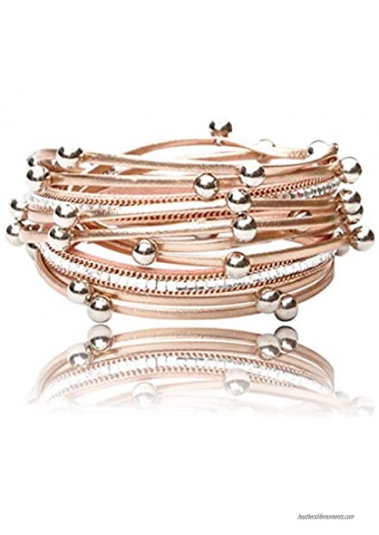 REEBOOOR Champagne Rose Gold Bracelet Women`s Leather Wrap Bracelet Multilayer Bracelets Handmade Jewelry Bohemian Gifts for Girls  Lady Mother…