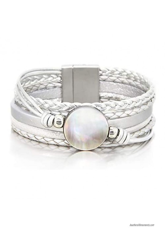 Silver Shell Bracelet Ocean Bead Bracelet Bohemian Wrap Bracelet Leather Cuff Bracelet Cross Braided Bracelet Boho Jewelry for Women Teen Girls