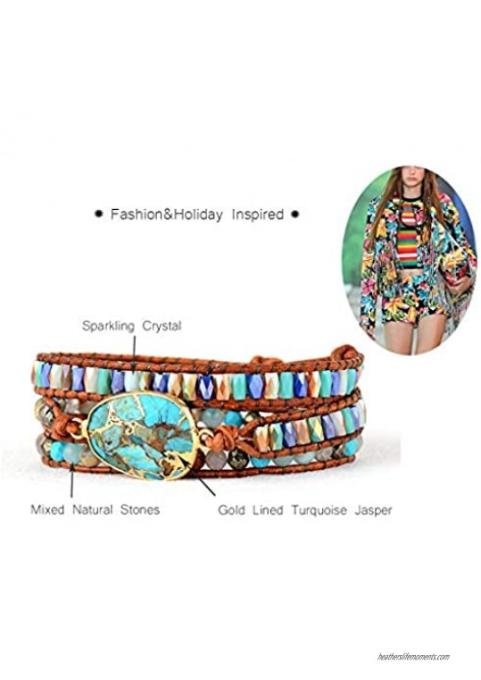 SUKIBOHO Art Mix Natural Stones Crystals Multilayer Leather Rope Wrap Bracelet Women Gifts