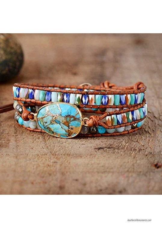 SUKIBOHO Art Mix Natural Stones Crystals Multilayer Leather Rope Wrap Bracelet Women Gifts