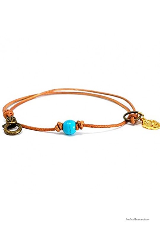 Turquoise Western Stone Bead Bracelet - Double Wrap Leather Bead Bracelets - Blue Bright Centerpiece Natural Stone Beads Bracelet - Leather Bracelet for Women & Girls - Wrap Bracelets for Gift