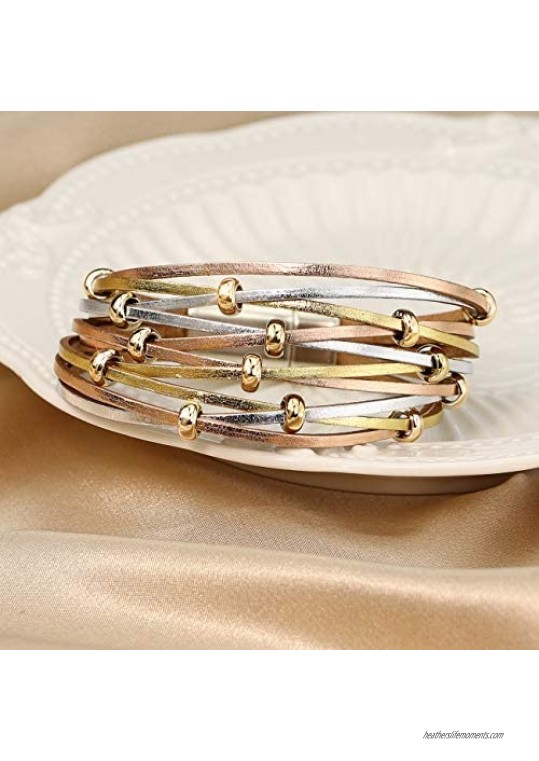 Wovanoo Multilayer Leather Bracelet Handmade Wristband Braided Wrap Cuff Bangle with Magnetic Clasp Gift for Women