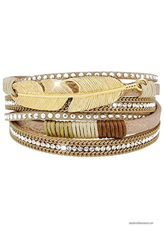 Wowanoo Multilayer Leather Bracelet Bohemian Magnetic Buckle Bracelet Braided Wrap Cuff Bangle for Women