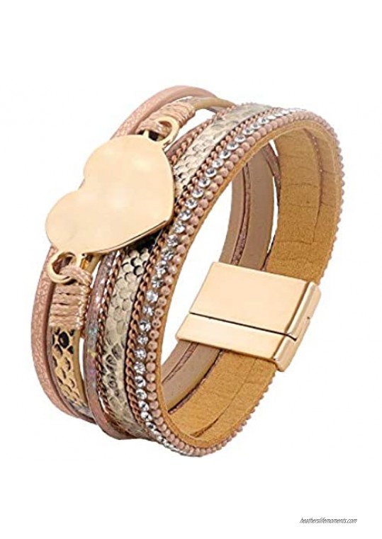 ZSMJYJ Multilayer Leather Wrap Bracelets Cuff Bracelet Magnetic Buckle Gold plated Metal Heart Clasp Jewelry Bohemian Bracelets Gift for Women Girls