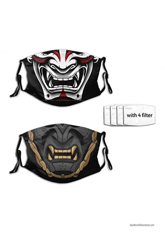 2pcs Samurai Oni Face Mask With 4 Pcs Filters  Washable Reusable Scarf Balaclava For Men Women &Teenage Black