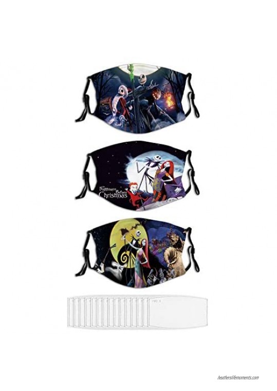 3PCS Nightmare Before Christmas Men Women Washable Face Mask with 15 Filters