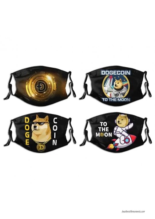 4pcs Dogecoin Face Mask Reusable Dustproof Adjustable Coin Doge to The Moon Bandana Crypto Currency Fask Mask for Mens Womens