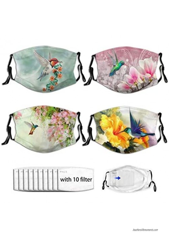 QIPNVY Flowers Hummingbird Face Mask - Unisex Adult Anti Dust Reusable Mask Breathable Adjustable Earloop Hummingbird is Flying with Flowered Branch 4Pack Masks (Send 10 Filters)