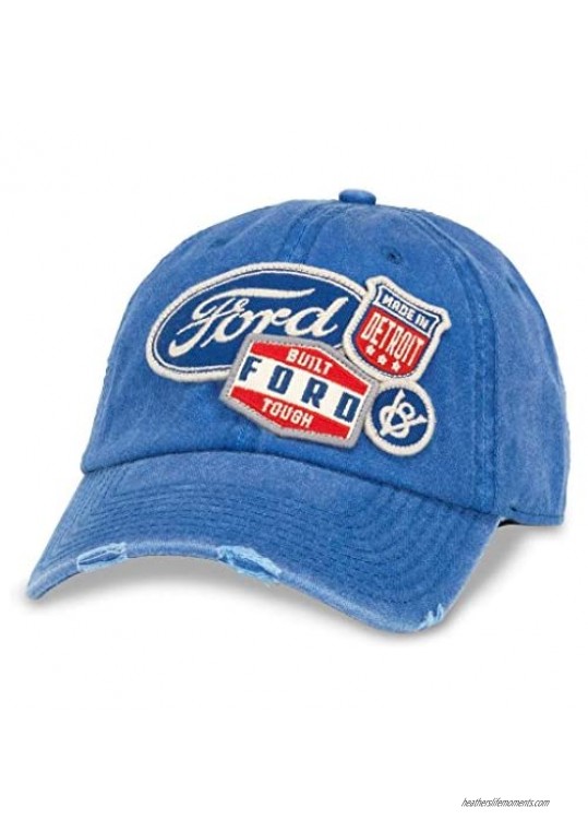 AMERICAN NEEDLE Ford Iconic Patch Distressed Dad Hat with Buckle Strap Royal (FORD-1714A)