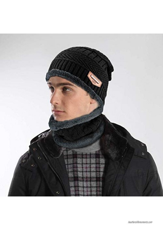 2 PCS Winter Beanie Hat Scarf Set Warm Knit Hat Thick Fleece Lined Winter Hat & Scarf for Men Women Skull Cap