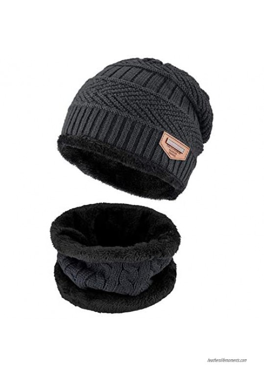 2 PCS Winter Beanie Hat Scarf Set Warm Knit Hat Thick Fleece Lined Winter Hat & Scarf for Men Women Skull Cap