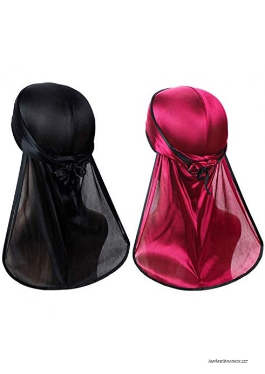 2PCS Silky Durags for Men Women，Unisex Durag Two Tone with Extra Long Tail and Wide Straps for 360 Waves Black
