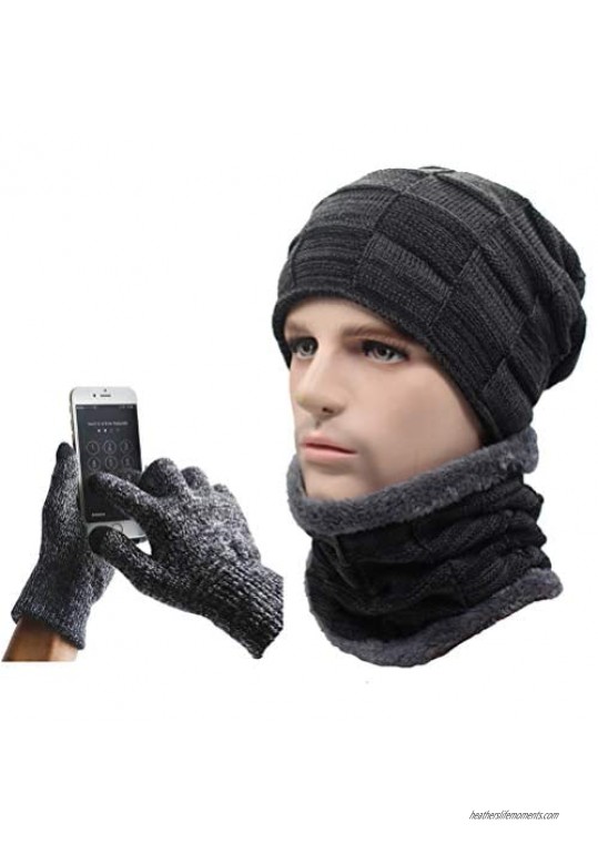 3Pcs Winter Beanie Hat Warmer Scarf Touchscreen Gloves Set for Men Women