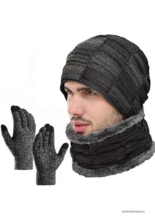3Pcs Winter Beanie Hat  Warmer Scarf Touchscreen Gloves Set for Men Women
