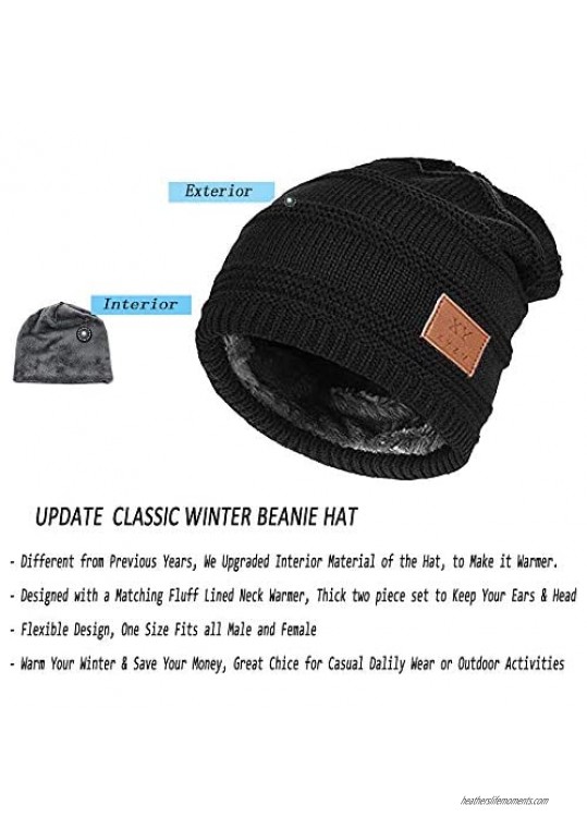 Beanie Hat Thick Knit Hat Warm Fleece Lined Scarf Set Warm Thick Winter Hat for Men & Women