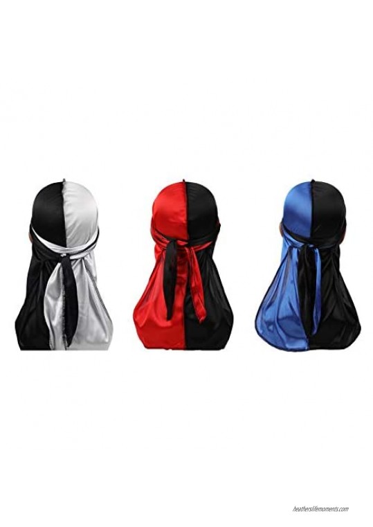 Deepth 3PCS Two Tone Silky Durags Pack Satin Doo Rag 360 Waves with Long Tail Wide Straps for Men Women