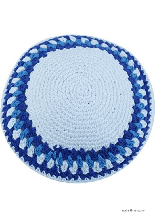 Holy Land Market White/Light Blue  17cm DMC 100% Knitted Cotton Kippah Torah Chabad Yarmulke