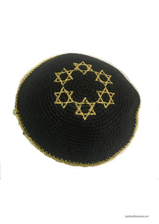 Knitted Jewish Kippah Yarmulke 15cm (Black with 6 small Golden Magen David)