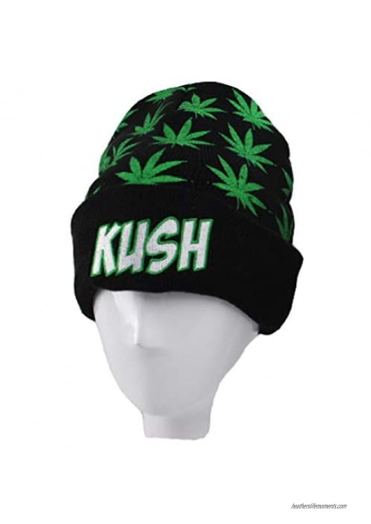 Weed Marijuana Knit-Beanie-Hat - Winter Leaf Weed Pot Cuffed Skully Hat Men Women
