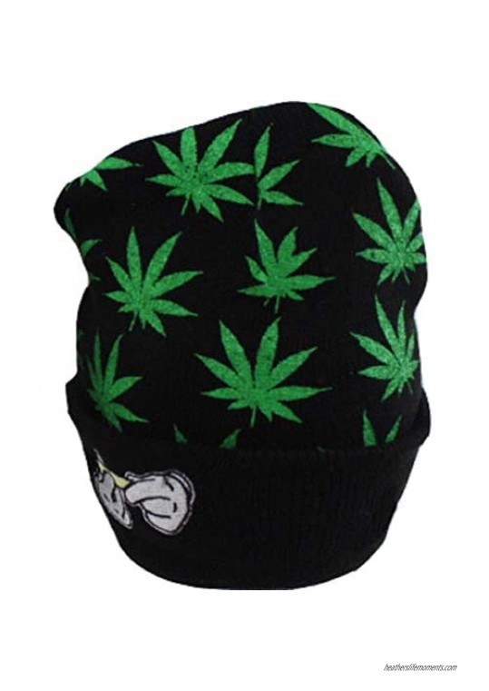 Weed Marijuana Knit-Beanie-Hat - Winter Leaf Weed Pot Cuffed Skully Hat Men Women