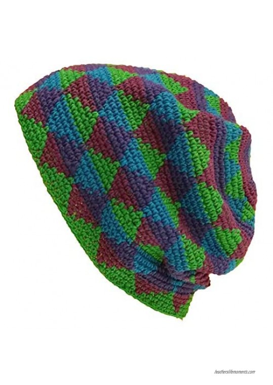 XL EXTRA Large-Long Skull Cap Beanie Hat Crochet 100% Breathable Cotton Dark Purple Blue Green