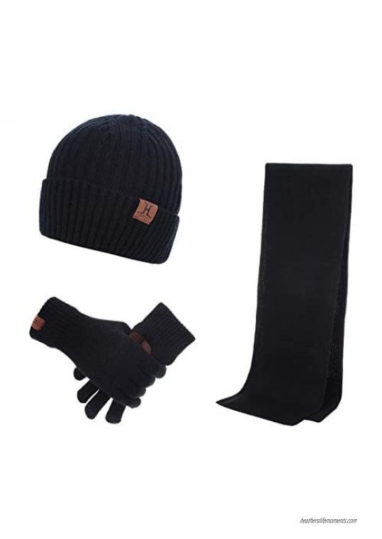 Yvechus 3 Pcs Winter Knit Beanie Hat Scarf and Touch Screen Gloves Set Fleece Lined for Men Women