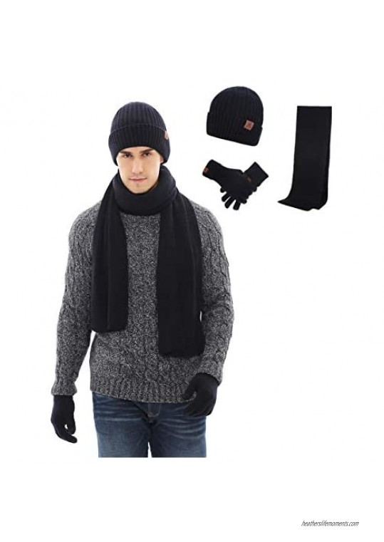Yvechus 3 Pcs Winter Knit Beanie Hat Scarf and Touch Screen Gloves Set Fleece Lined for Men Women