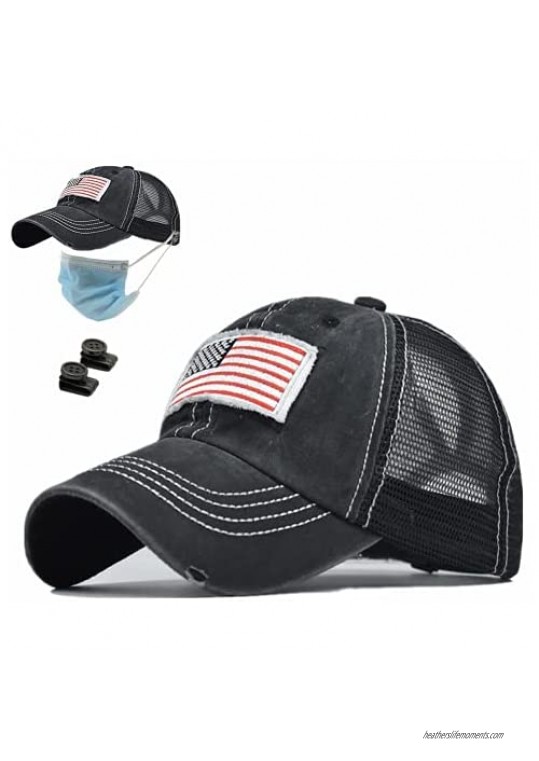 American Flag Star Patch Embroidered Ponytail Hat for Women Washed Distressed Baseball Cap with Button for Mask
