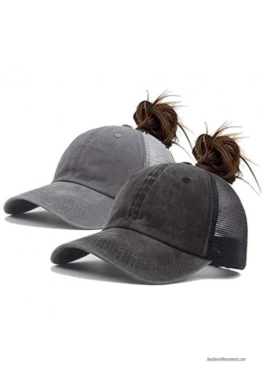 Women Ponytail Messy High Bun Baseball Hat Pony Caps Adjustable Trucker Cap Washed Cotton Sun Visor
