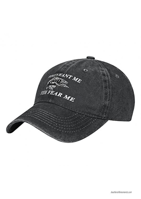 Women Want Me Fish Fear Me Hat  Black Washed Baseball Cap Men and Women Vintage Adult Adjustable Classic Pure Cotton Dad Hat