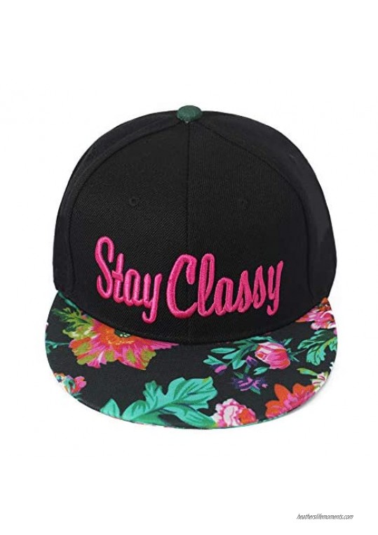ZLYC Unisex Adjustable Baseball Cap Word Embroidered Floral Flat Bill Snapback Hat