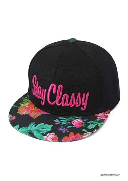 ZLYC Unisex Adjustable Baseball Cap Word Embroidered Floral Flat Bill Snapback Hat