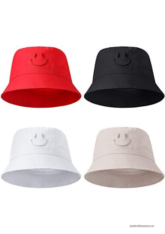 4 Pieces Bucket Hat Packable Summer Travel Hat Washed Beach Sun Hat for Men Women Kids  Embroidery Smiling Face