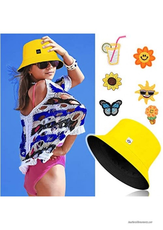 4 Pieces Reversible Bucket Hats Summer Double-Side-Wear Fisherman Caps Sun Protection Hats with 8 Pieces Embroidery Iron On Sew Patches