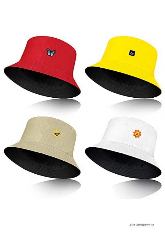 4 Pieces Reversible Bucket Hats Summer Double-Side-Wear Fisherman Caps Sun Protection Hats with 8 Pieces Embroidery Iron On Sew Patches