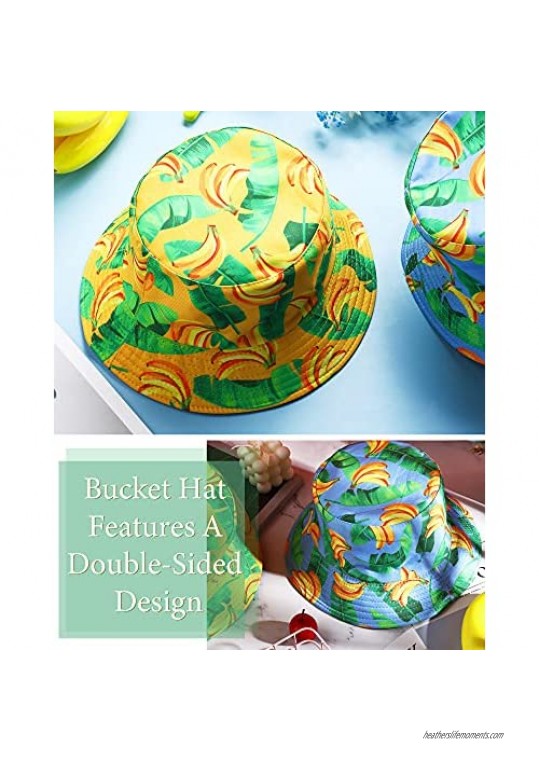 Bennim 2 Pieces Bucket Hat Banana Fruit Printing Hat Sunscreen Fisherman Cap for Summer Travel Beach Outdoor Unisex Double-Side-wear Reversible Sun Hats (Blue Yellow)