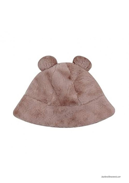 BOLLEY JOSS Women Leopard Faux Fur Bucket Hat Warm Fluffy Winter Fisherman Hat Cute Cloche Cap with Pompom Ears for Girls