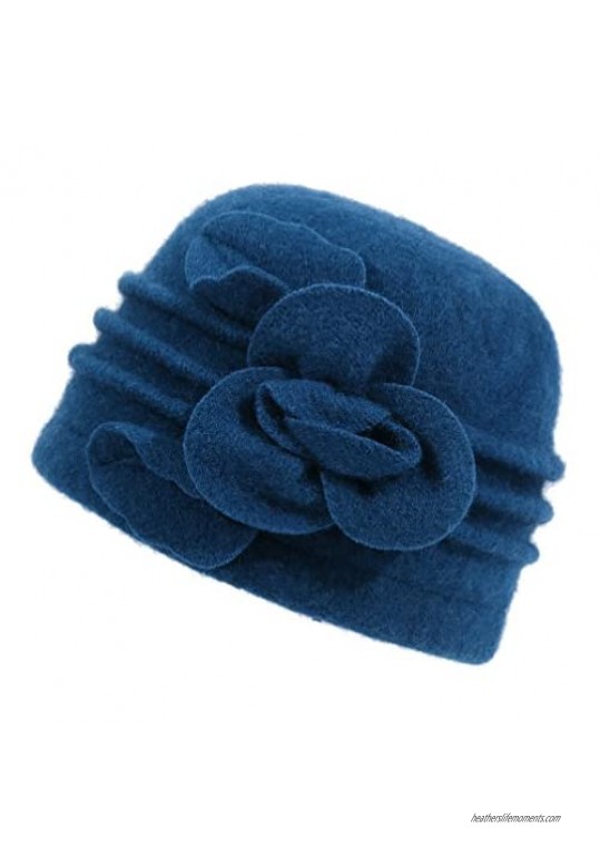 DANTIYA Women's Winter Warm Wool Cloche Bucket Hat Slouch Wrinkled Beanie Cap with Flower