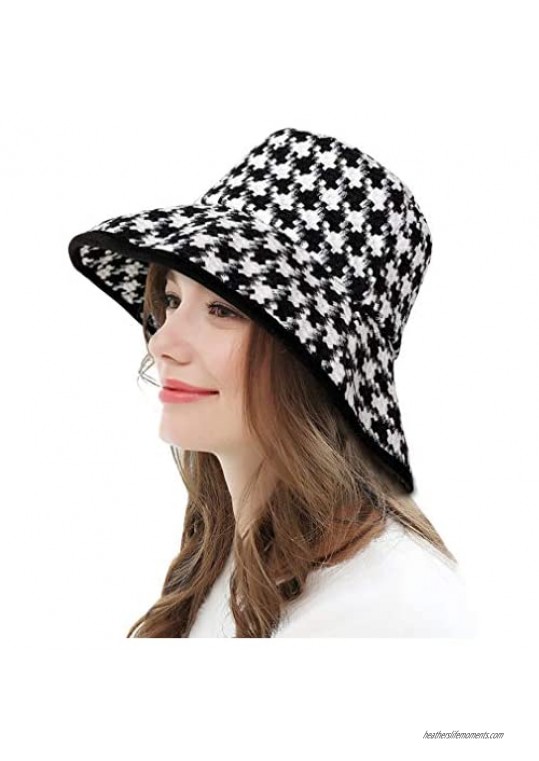 DOCILA Classic Houndstooth Print Bucket Hat for Women Stylish Cotton Fisherman Sun Cap Vintage Winter Fall Dress Accessories