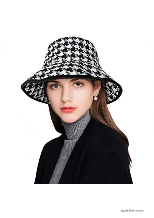 DOCILA Classic Houndstooth Print Bucket Hat for Women Stylish Cotton Fisherman Sun Cap Vintage Winter Fall Dress Accessories