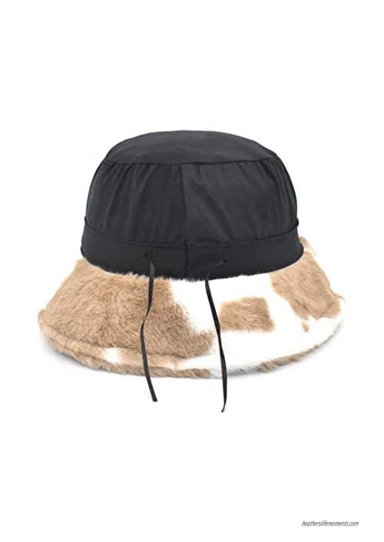 JUMISEE Women Girls Leopard Print Faux Fur Bucket Hat Fuzzy Warm Winter Hat Fisherman Cap
