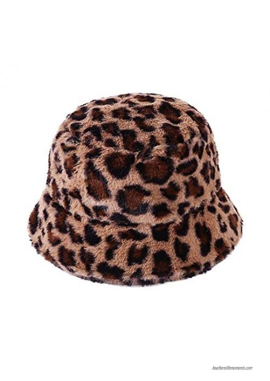 Leopard Print Faux Fur Bucket Hats Fuzzy Black and White Animal Striped Warm Fleece Fisherman Caps for Women Men